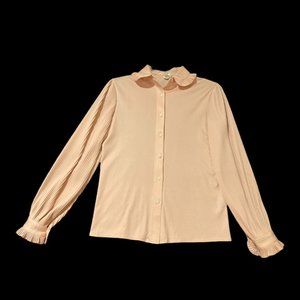 C & A Vintage Blush Button Up Accordian Sleeve Flutter Collared Blouse Size M